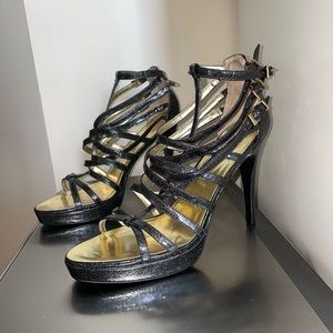 Colin Stuart black and gold flecked 5” gladiator heels